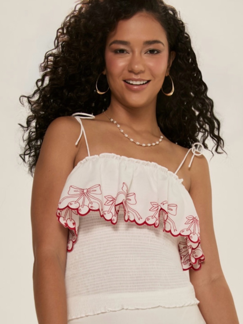 White Cropped Ruffle Tank with Red Embroidered Cherries & Bows